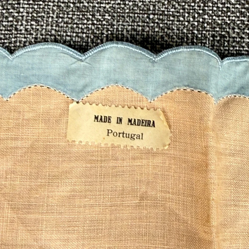 Vintage Madeira Portugal Hand Embroidered Linen Towel Peach Blue Scalloped